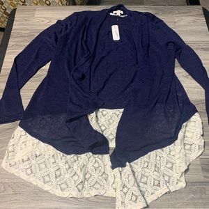 Charming Charlie NWT Navy Blue Thin Cardigan w/ White Lace; Medium Women’s
